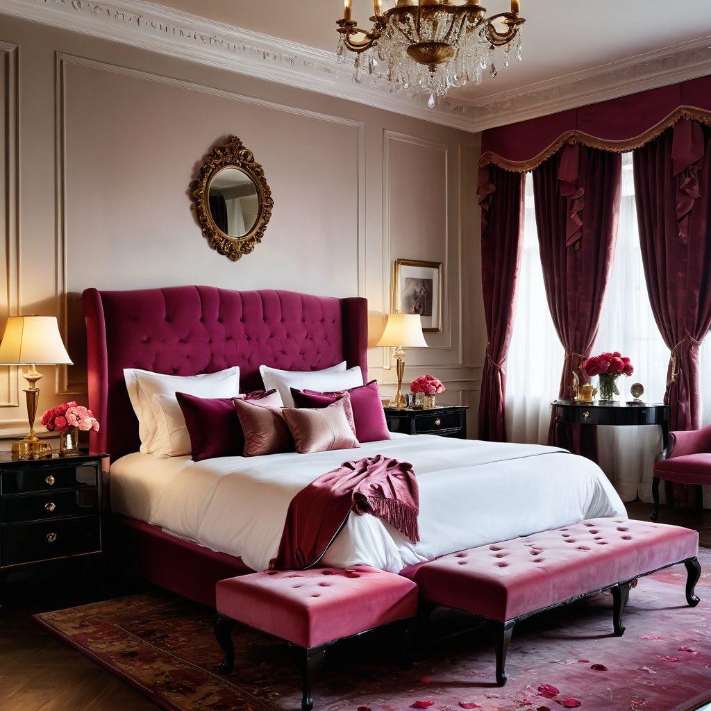 A luxurious, opulent room with plush velvet fabrics, soft candlelight flickering, and silk sheets invitingly laid on a large bed. Subtle silhouettes hint at intimacy and desire, enhanced with tastefully arranged rose petals. Include an ornate mirror reflecting the ambiance, creating a sense of allure and seduction. Encourage feelings of sensuality and warmth. super-realistic. vibrant colors. soft focus.