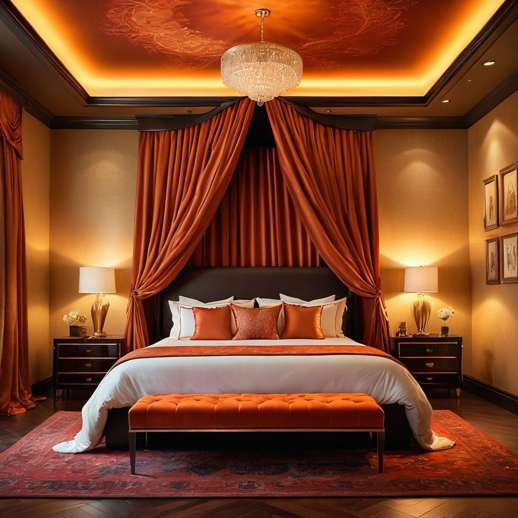 A luxurious, intimate setting featuring a beautifully arranged bed draped in rich, sensual fabrics. Soft, ambient lighting creates an inviting atmosphere, while subtle hints of erotic art adorn the walls. Include a tantalizing collection of interactive digital devices, symbolizing the allure of modern erotic content. Evoke feelings of warmth, passion, and exploration. super-realistic. vibrant colors. warm tones.