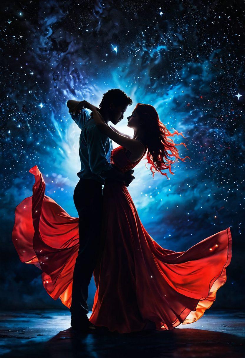 A strikingly vibrant and alluring scene depicting two silhouettes entwined in an intimate dance under a starlit sky. The background transitions from deep blues to fiery reds, creating a sense of passionate warmth. Soft, flowing fabrics that suggest movement and desire swirl around them, contrasted with the sharpness of the night. Glimmering stars and soft glowing lights enhance the enchanting atmosphere. super-realistic. vibrant colors. dramatic lighting.